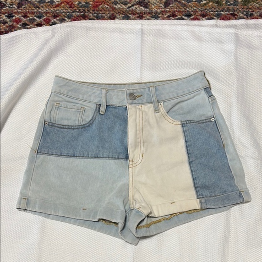 PacSun Blue and Cream Jean Shorts Colorblock Design